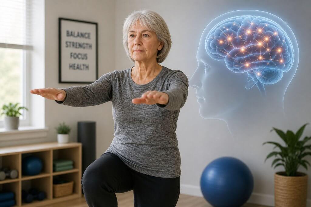 Older woman performing a single-leg balance exercise in a wellness studio with a glowing brain graphic overlay — balance and brain health connection