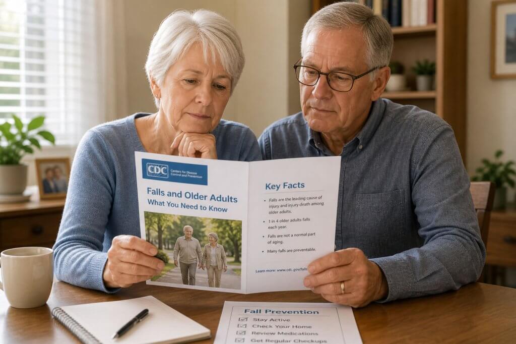 Older couple sitting together at a kitchen table reading a CDC brochure about falls and older adults — fall prevention awareness