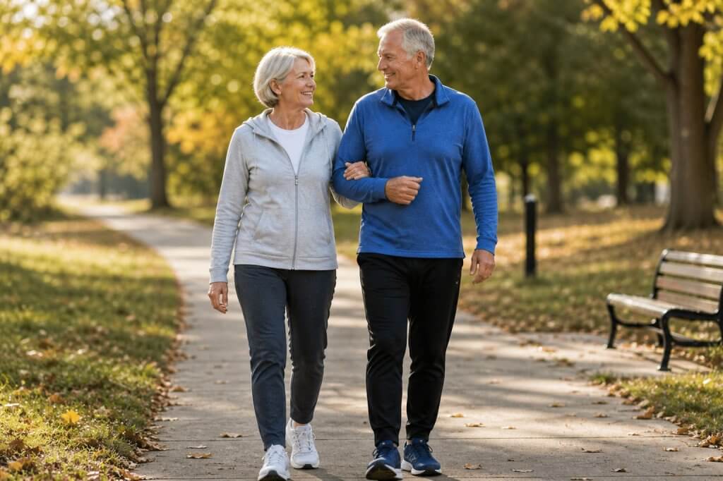 Active older couple walking arm in arm on a park path, smiling — balance and mobility for independent living