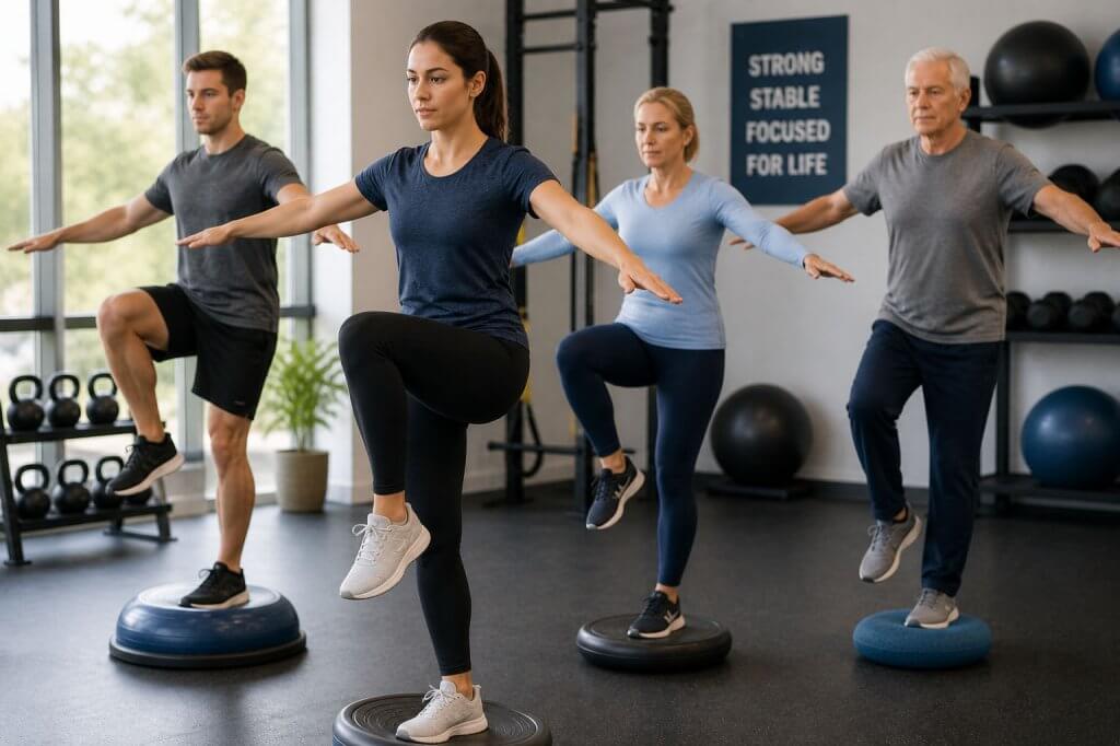 Group of adults of mixed ages performing single-leg balance exercises on balance discs in a gym — balance training for all ages