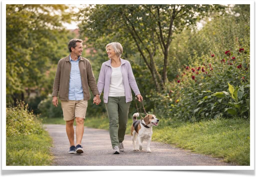 Older couple walking dog on park path — balance and mobility for active aging