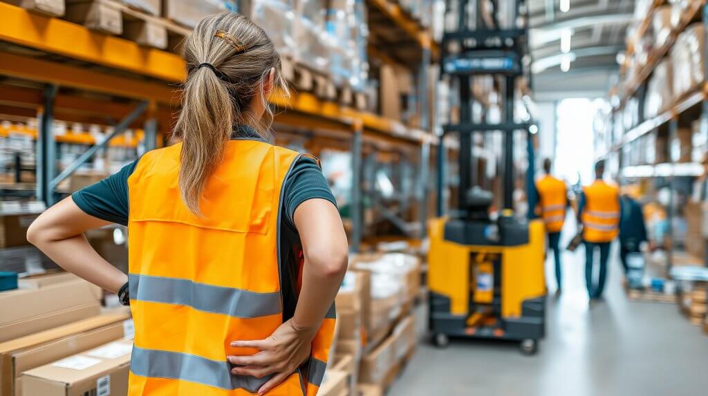 Female warehouse club worker in an orange safety vest holding her lower back, standing among shelves and forklifts in a large warehouse.