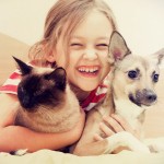 child hugging a cat and dog
