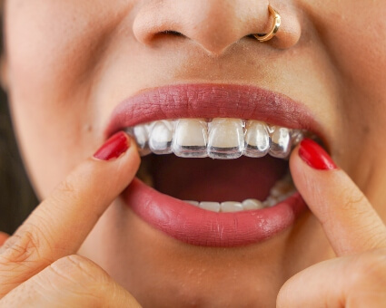Close up of woman wearing a clear aligner