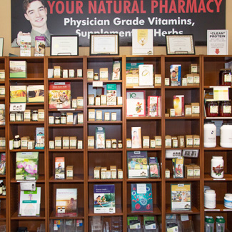 Wall of nutritional supplements and vitamins