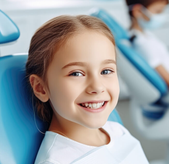 kid smiling sitting on dental chair