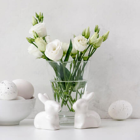 flowers and ceramic bunnies