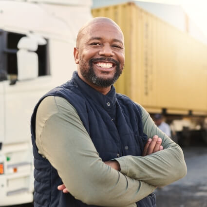 Truck driver smiling standing near his truck