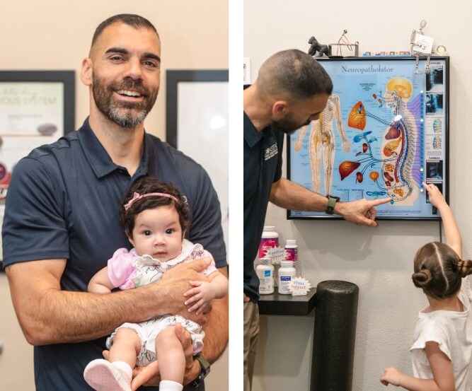 Chiropractor holding baby and Chiropractor teaching kid