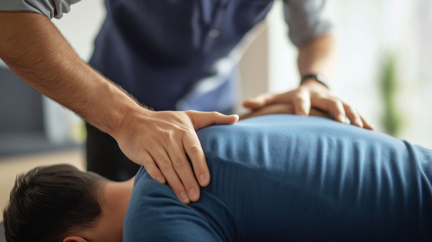 Doctor or Physiotherapist working examining treating injured back of male patient, chiropractor adjusting a patients, back pain therapy in clinic.