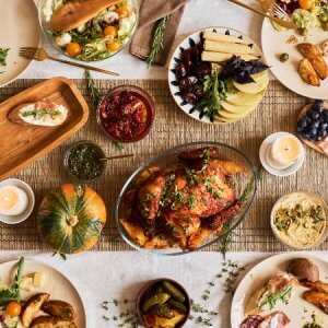 Top view background of cozy dinner table set for 
