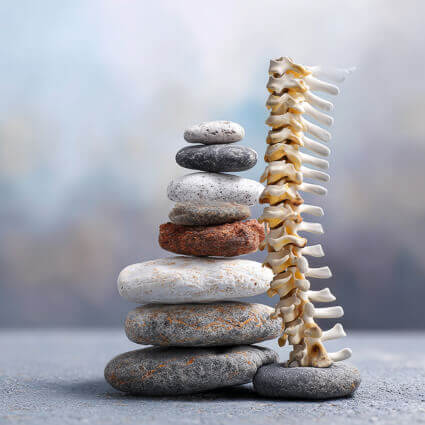 vertical spine next to stacked stones