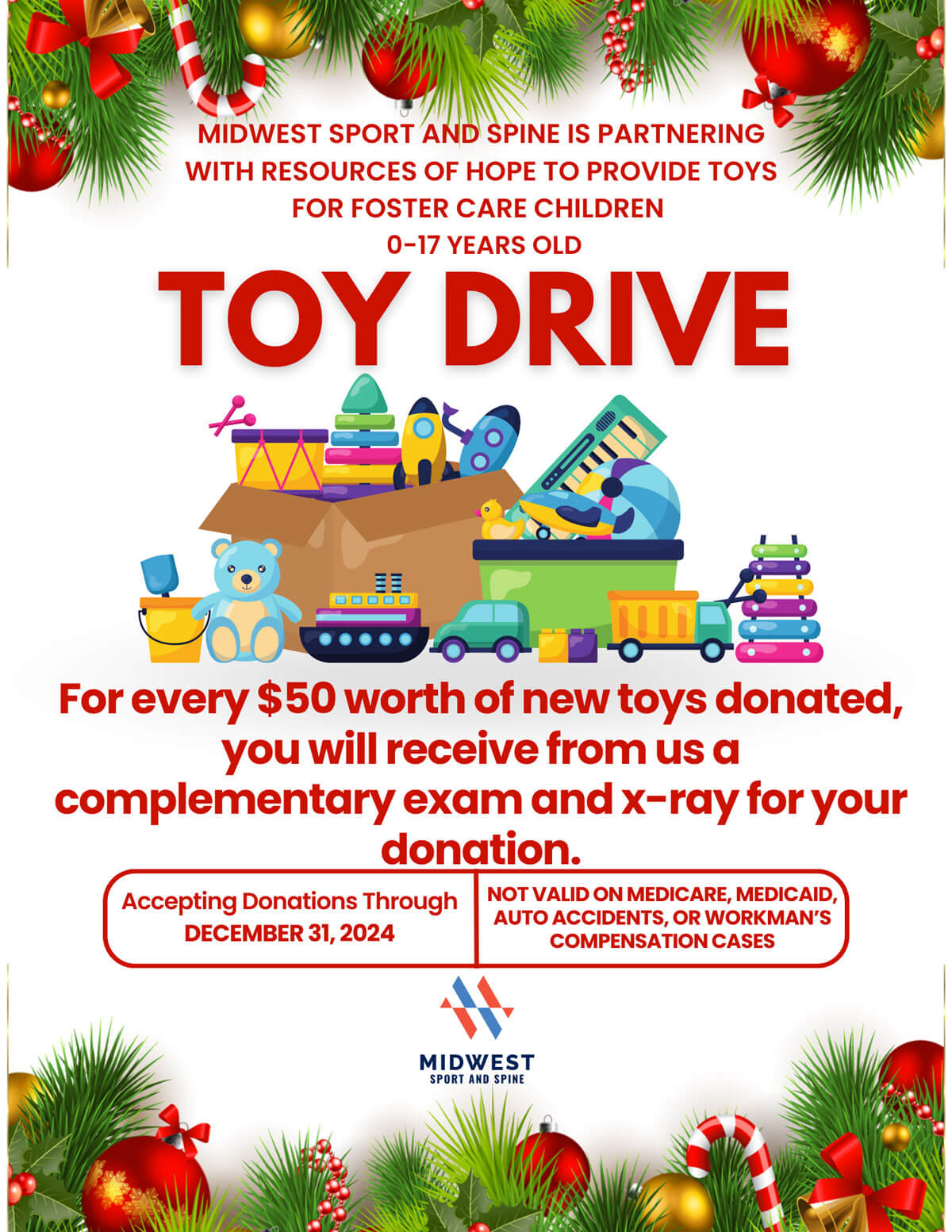 Midwest Sport and Spine toy drive flyer