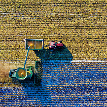 Tractor harvesting on farmland