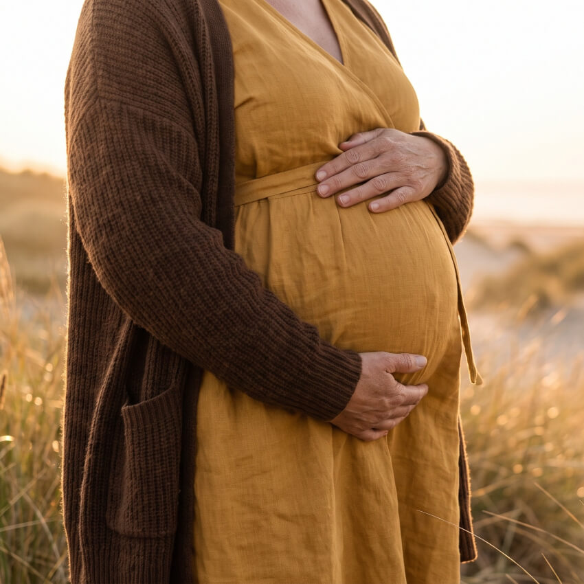 pregnant woman in a yellow dress with hands on stomach
