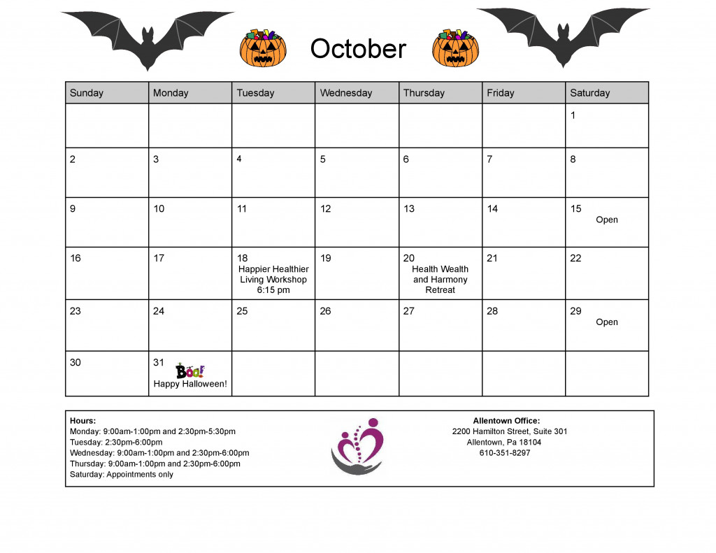 October calendar 2022 Allentown