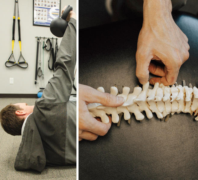 Patient exercising and hands on spine model
