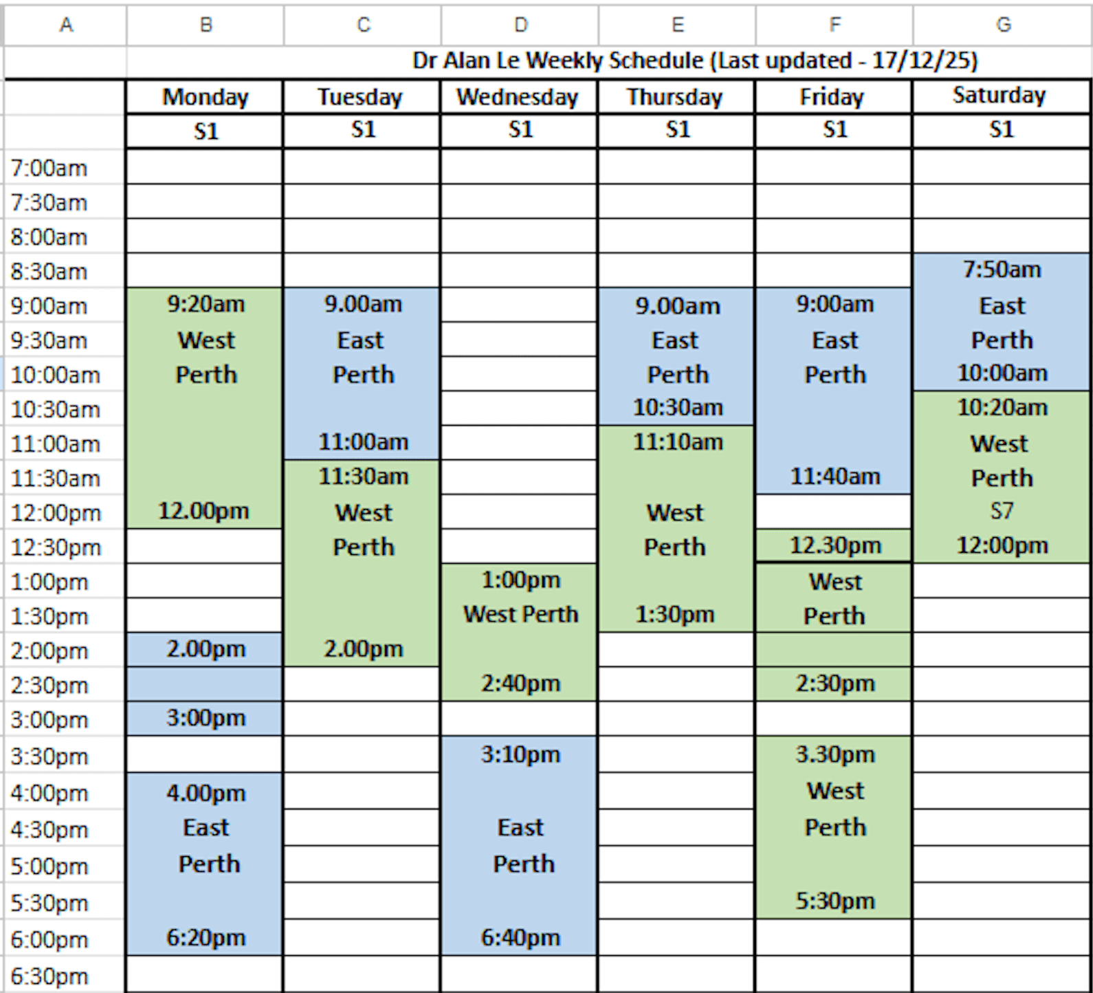 Dr Alan Weekly Roster