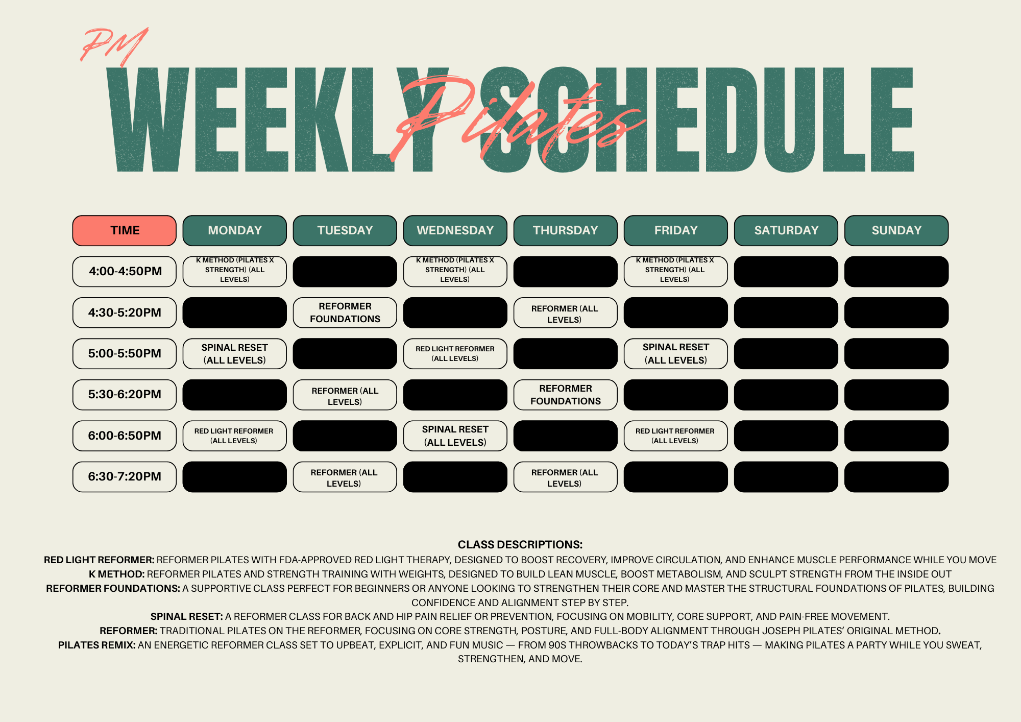 Pilates PM schedule image