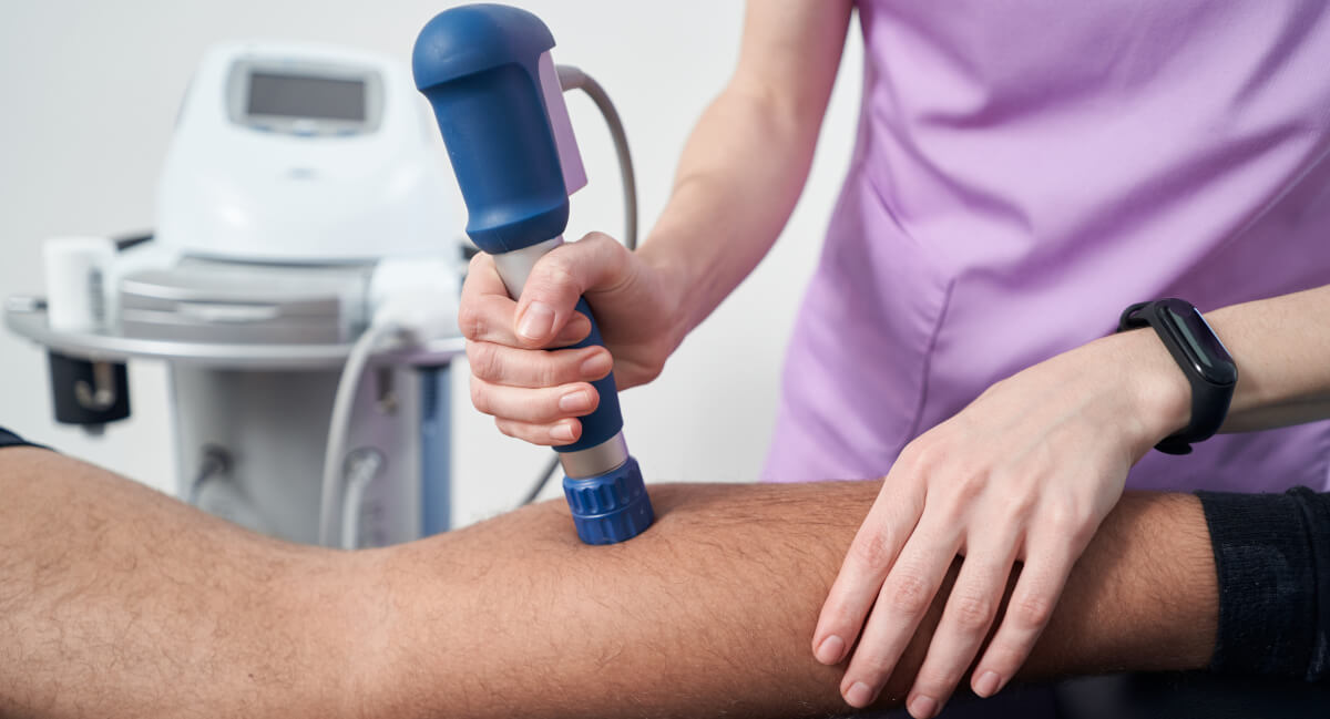 Patient's leg treated with shockwave therapy