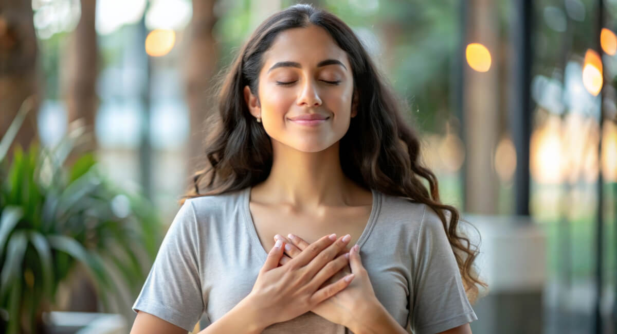Woman with hands on chest