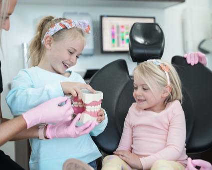 Children holding teeth model