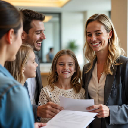Family checking in at reception
