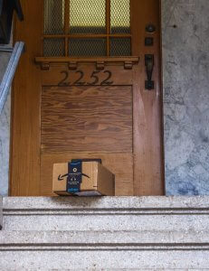 A delivery box placed on the doorstep of a wooden residential door.
