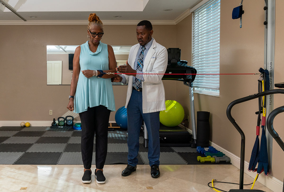 Patient using arm bands