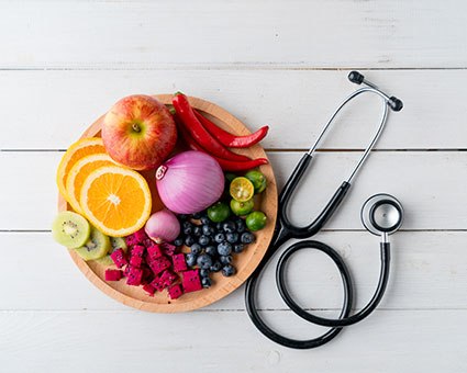 Healthy food and stethoscope