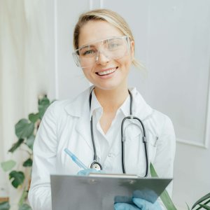 Confident female doctor with clipboard in a bright medical office.