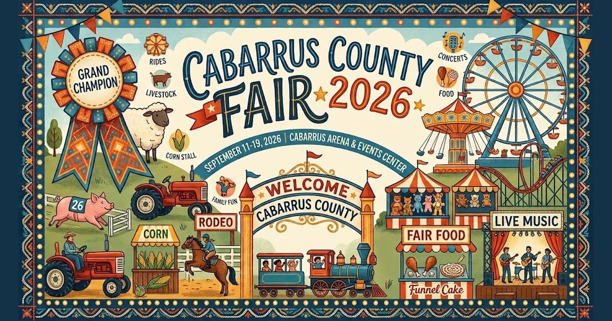 Illustrated banner for the Cabarrus County Fair, September 11-19, 2026, at the Cabarrus Arena and Events Center in Concord, NC