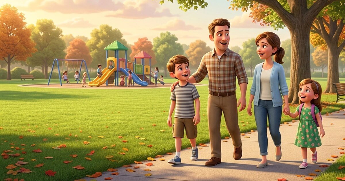 Family of four walking together on a paved path through a sunny city park in early fall, with a playground in the background