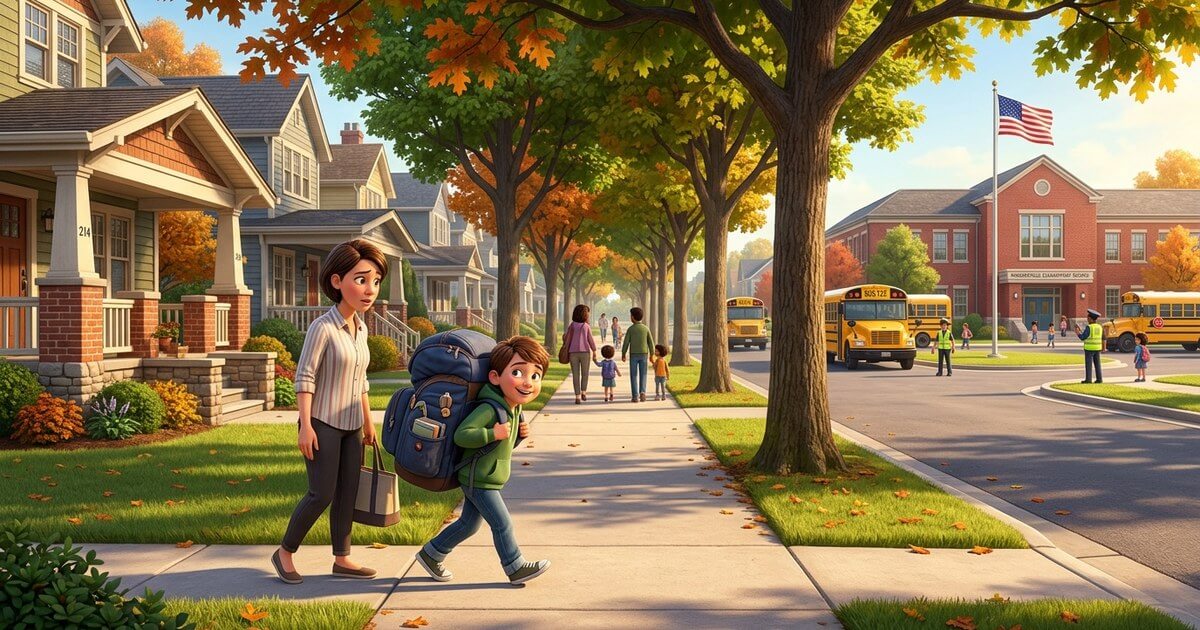 Parent walking beside a child carrying an overstuffed backpack on a tree-lined sidewalk toward a brick elementary school