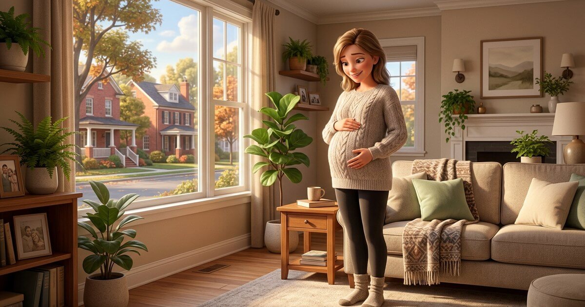 Expectant mother in her third trimester resting her hands on her belly in a bright, cozy living room
