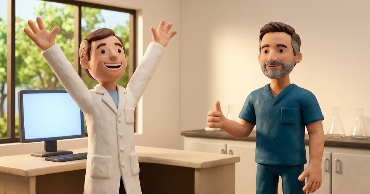 Claymation-style illustration of a scientist in a lab coat stretching both arms overhead at a desk in a bright research lab while Dr. Vezendy gives a thumbs up