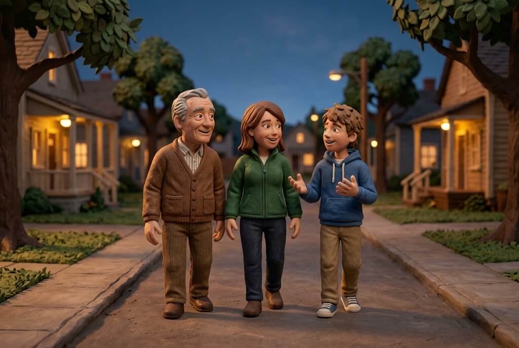 Claymation-style illustration of a grandparent, a parent and a teen walking together down a quiet small-town street in the evening after dinner