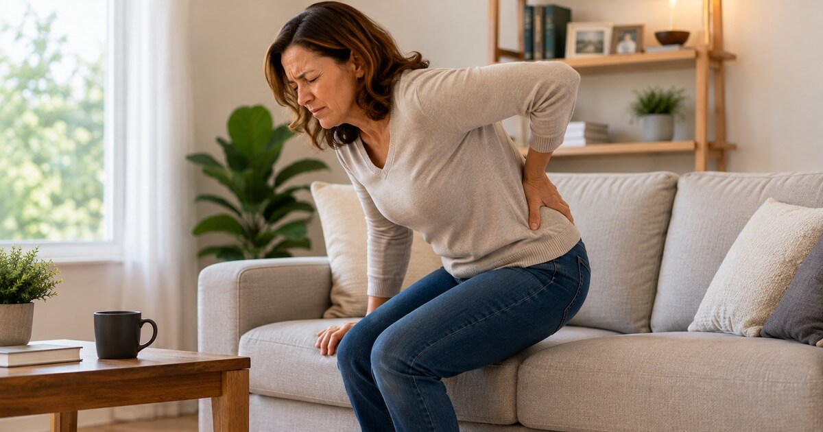 Woman experiencing lower back pain while standing up from a couch