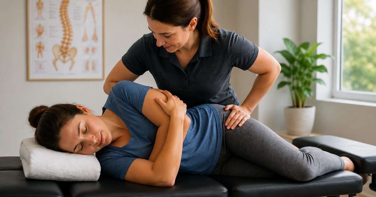 Chiropractor performing a side-lying chiropractic adjustment on a patient.