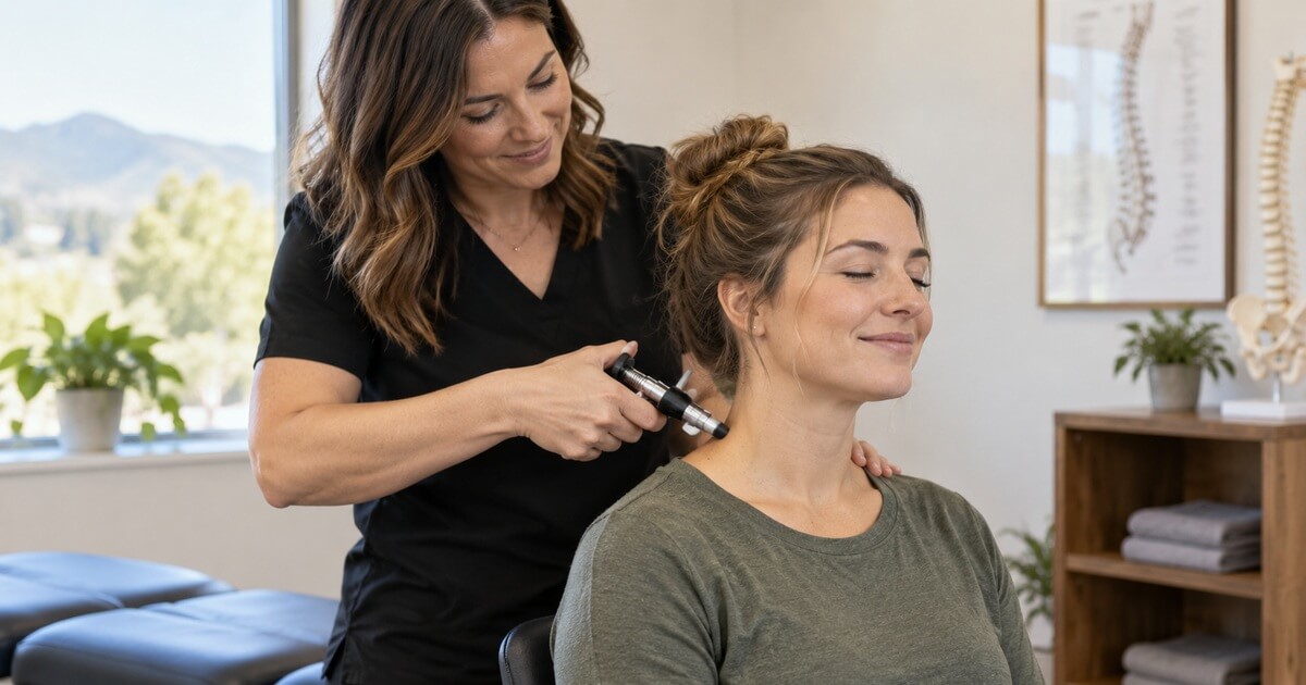 Chiropractor using a gentle instrument-assisted adjustment on a patient's neck