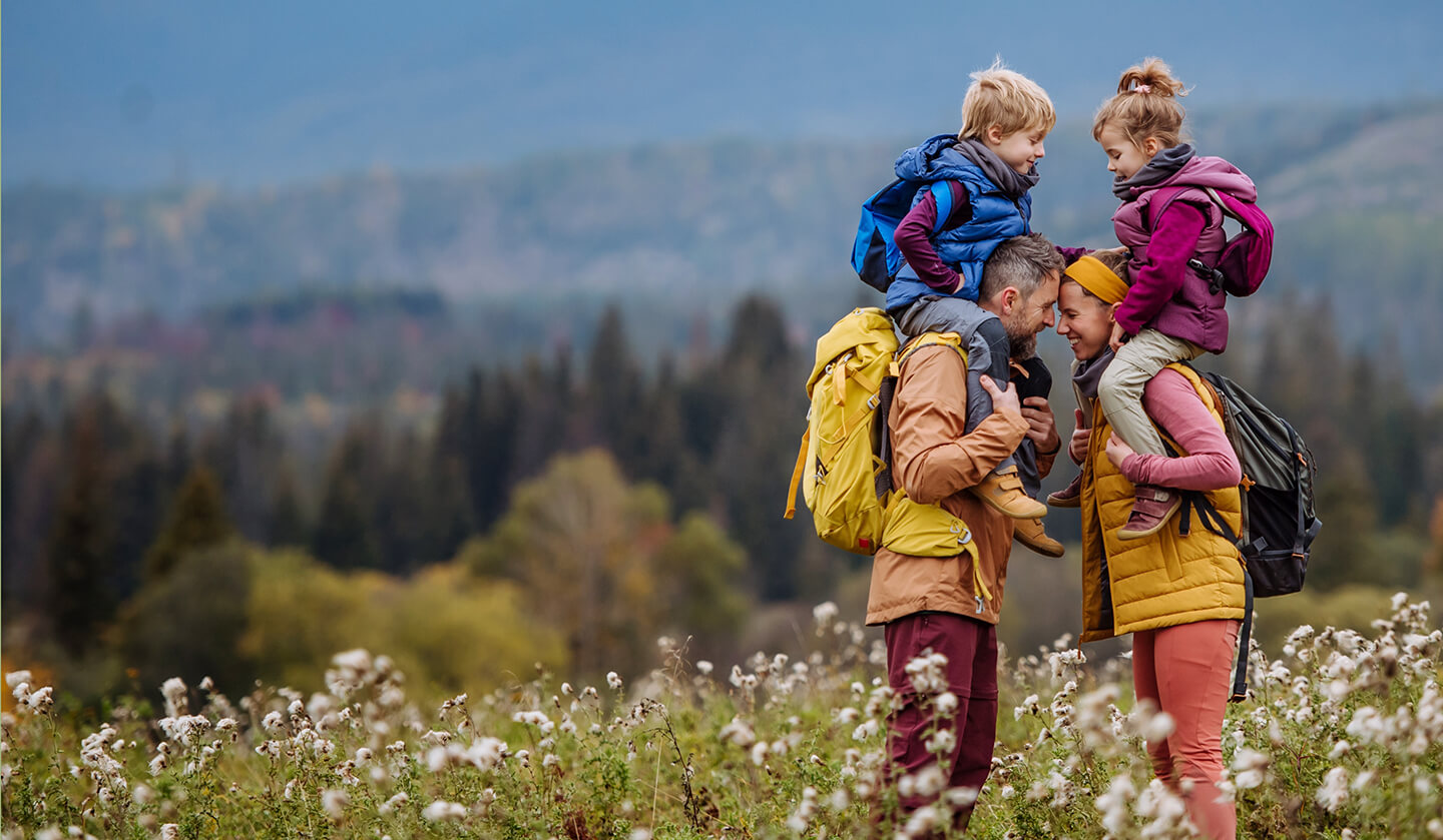 family hiking outdoors