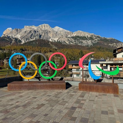 Stunning view of Olympic and Paralympic symbols set against the Italian Alps in Cortina d'Ampezzo.