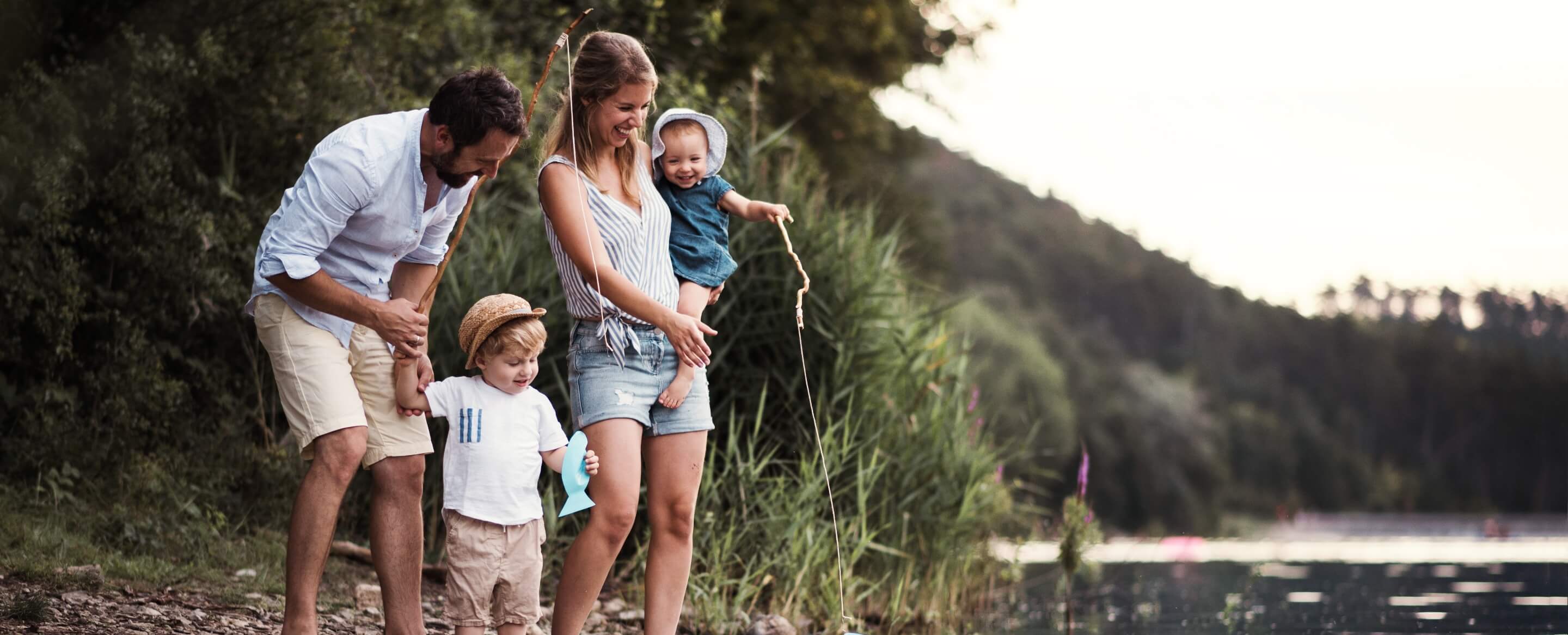 happy family hiking outdoors