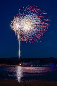 Stunning multi-colored fireworks over a calm lake at night, reflecting beautifully on the water.