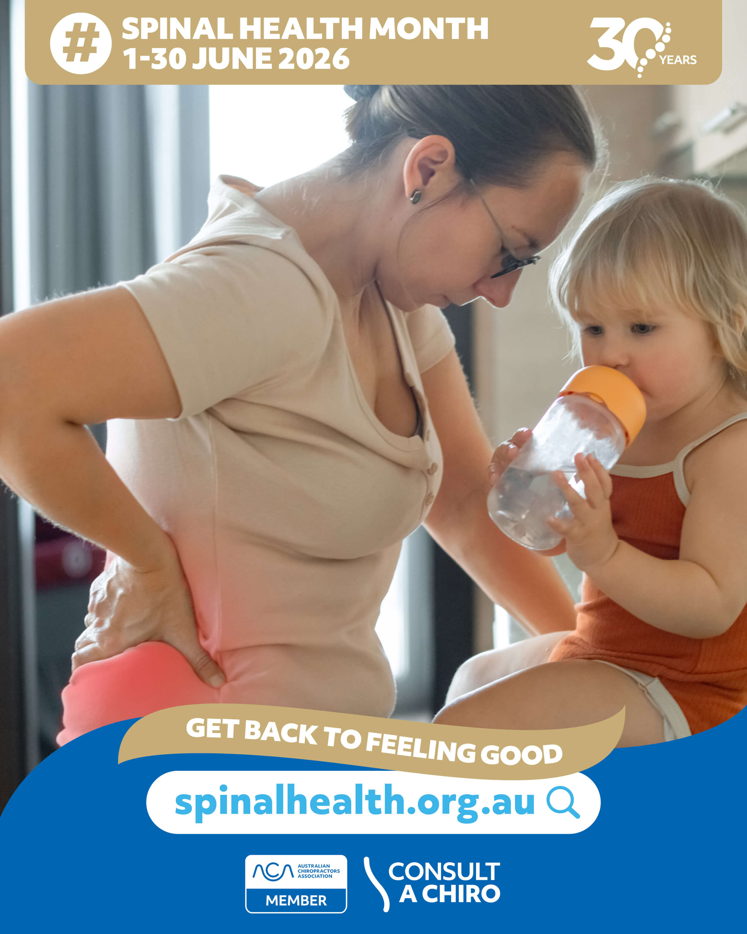 woman holding back in pain with baby 
