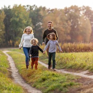 Family walking on path