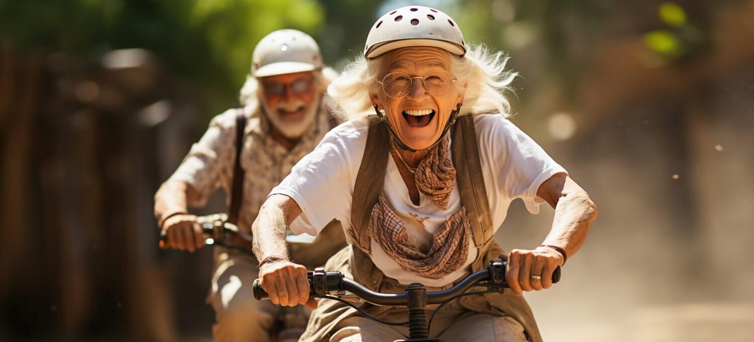 senior couple biking