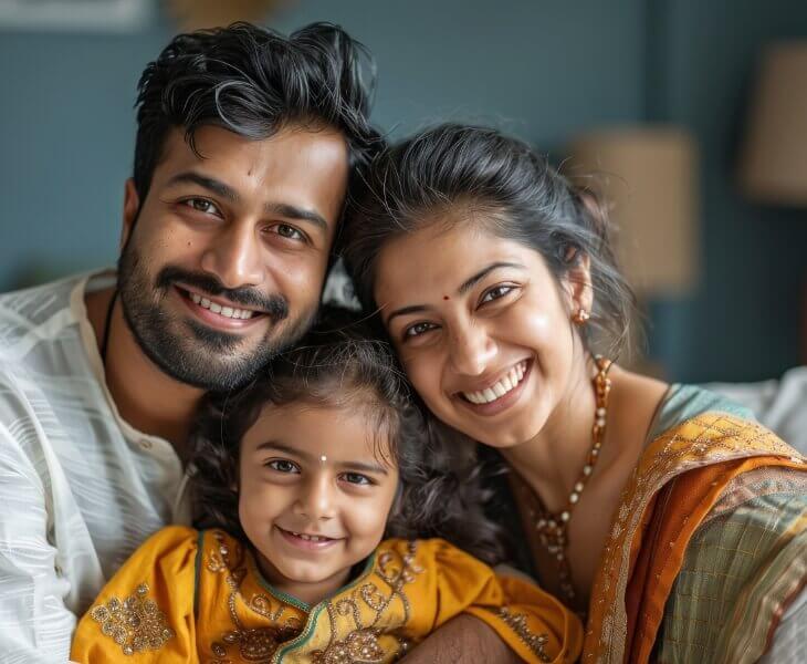 family of three smiling