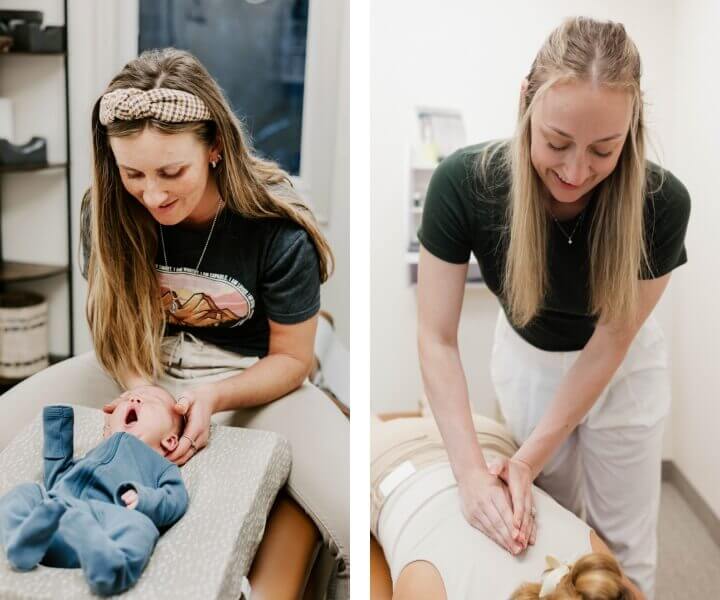 Dr. Stephanie adjusting tiny baby and Dr. Gretchen adjusting female patient