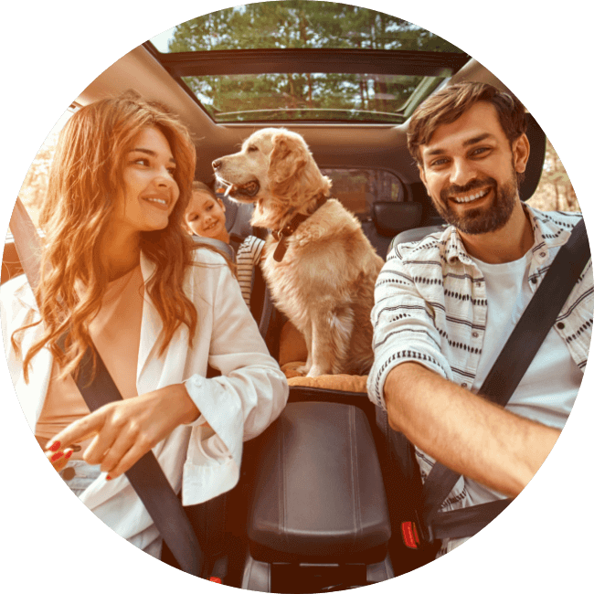 Family and dog riding in car